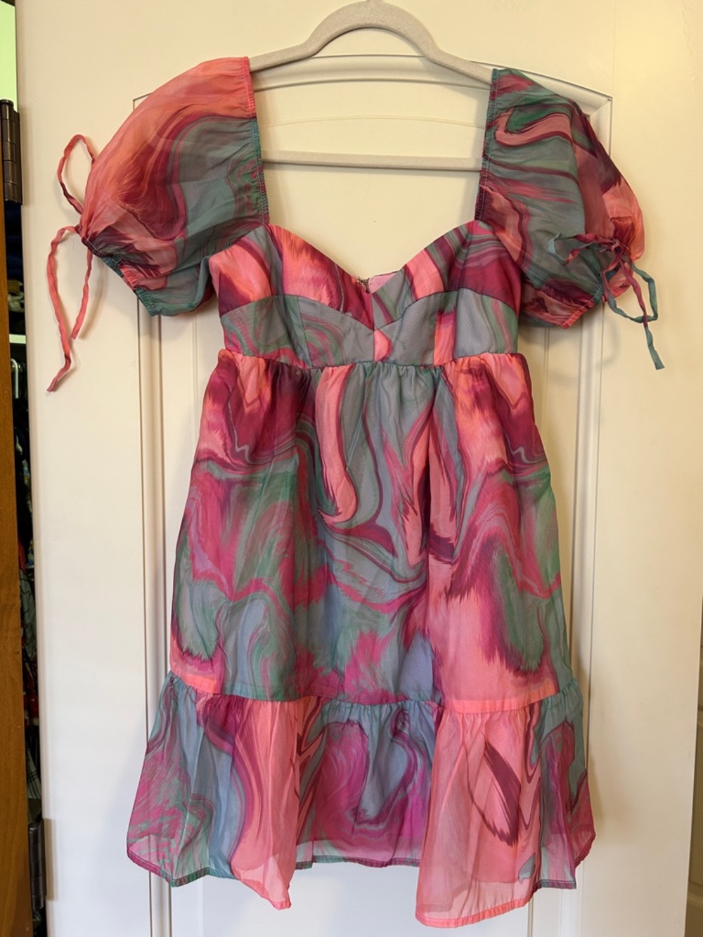 Amanda Uprichard Pink & Teal Swirl Puff-Sleeve Mini Dress. Fabulous detail